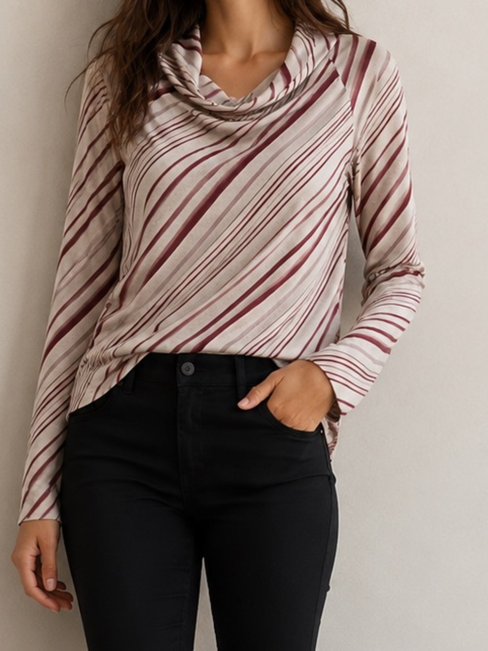NWOT ZARA Beige and Burgundy Striped Cowl Neck long sleeve blouse